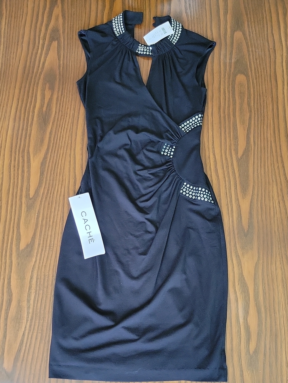NWT -- CACHE Black Stud-Detail Midi Sheath Dress Size: S